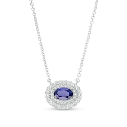 Vera Wang Love Collection Oval Blue Sapphire and 0.20 CT. T.W. Diamond Frame Necklace in 10K White Gold - 19&quot;