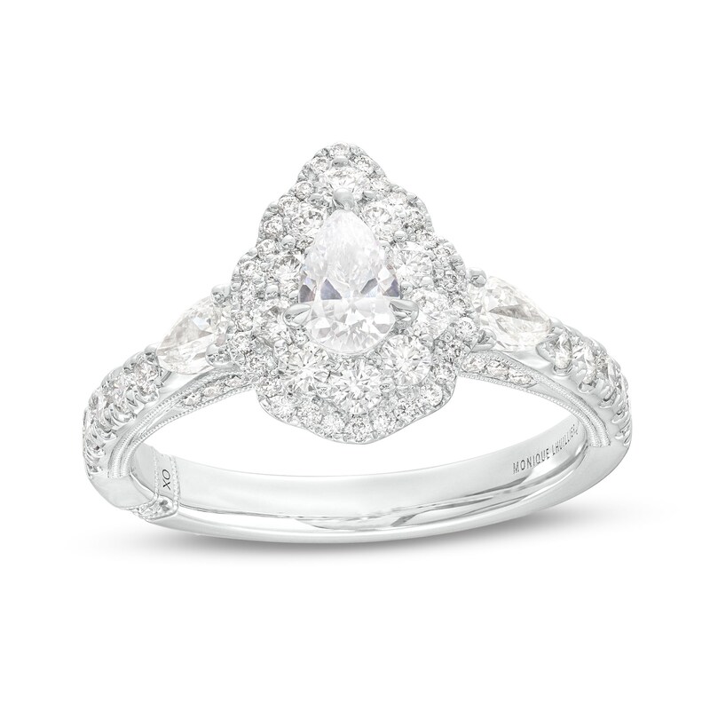 Monique Lhuillier Bliss 1.29 CT. T.W. Pear-Shaped Diamond Double Frame Vintage-Style Engagement Ring in 18K White Gold