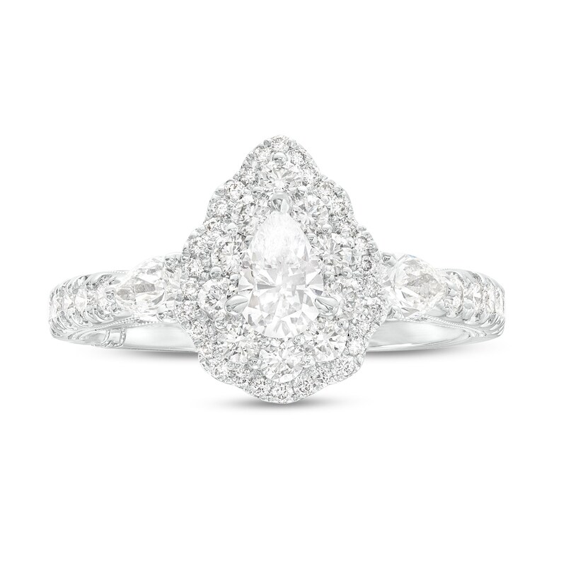 Monique Lhuillier Bliss 1.29 CT. T.W. Pear-Shaped Diamond Double Frame Vintage-Style Engagement Ring in 18K White Gold