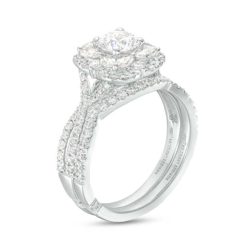 Main Image 3 of Monique Lhuillier Bliss 1.63 CT. T.W. Diamond Floral Frame Twist Shank Bridal Set in 18K White Gold