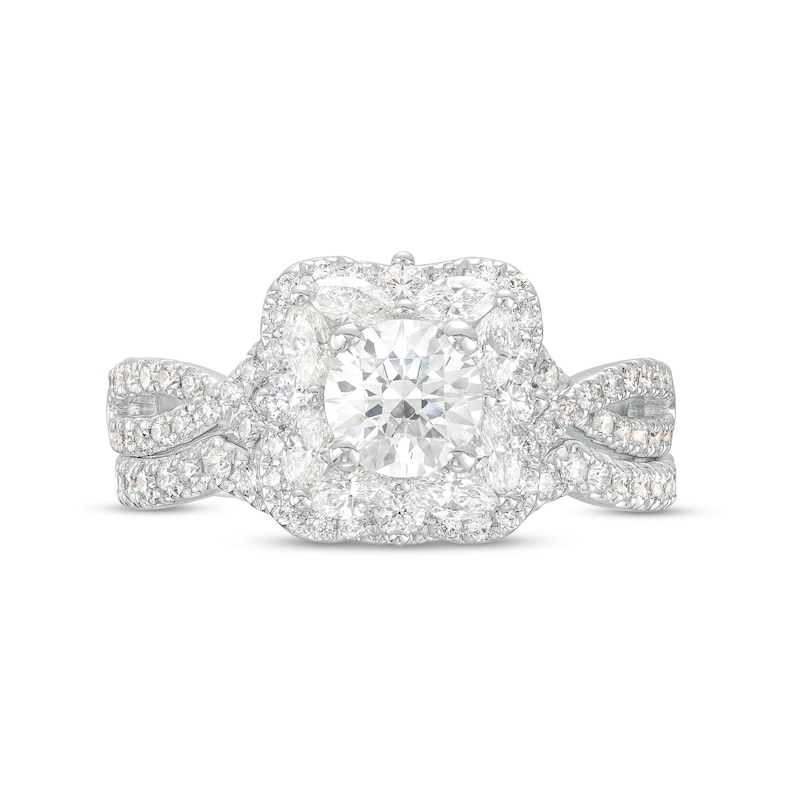 Main Image 4 of Monique Lhuillier Bliss 1.63 CT. T.W. Diamond Floral Frame Twist Shank Bridal Set in 18K White Gold