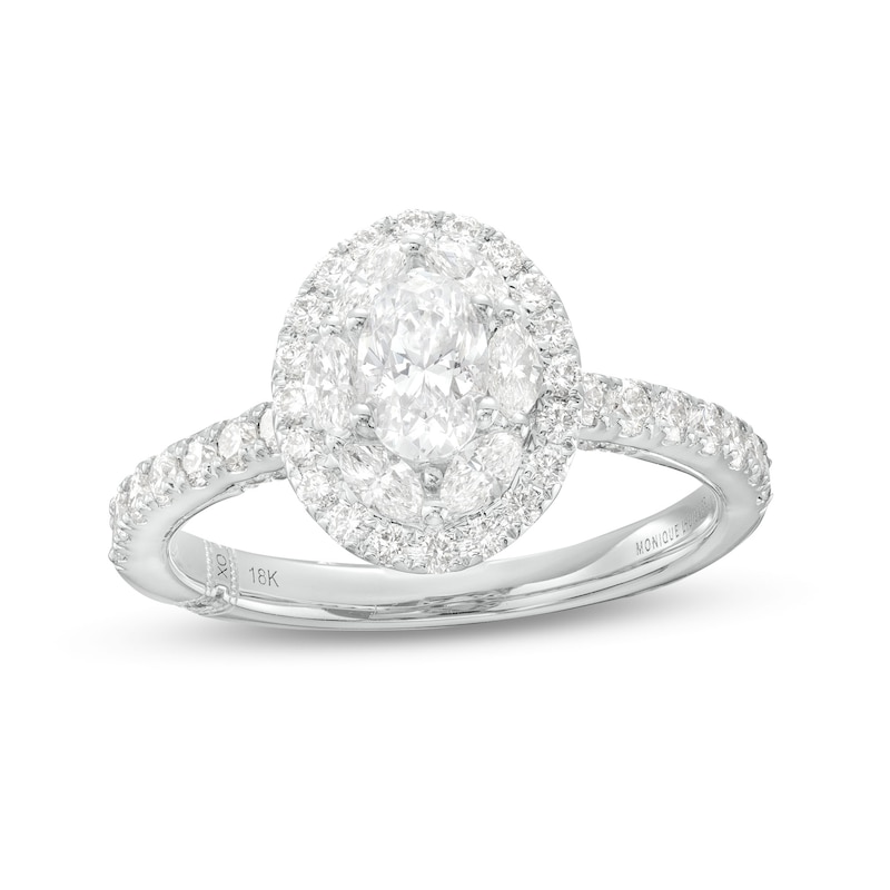 Monique Lhuillier Bliss 1.29 CT. T.W. Oval Diamond Double Frame Engagement Ring in 18K White Gold|Peoples Jewellers