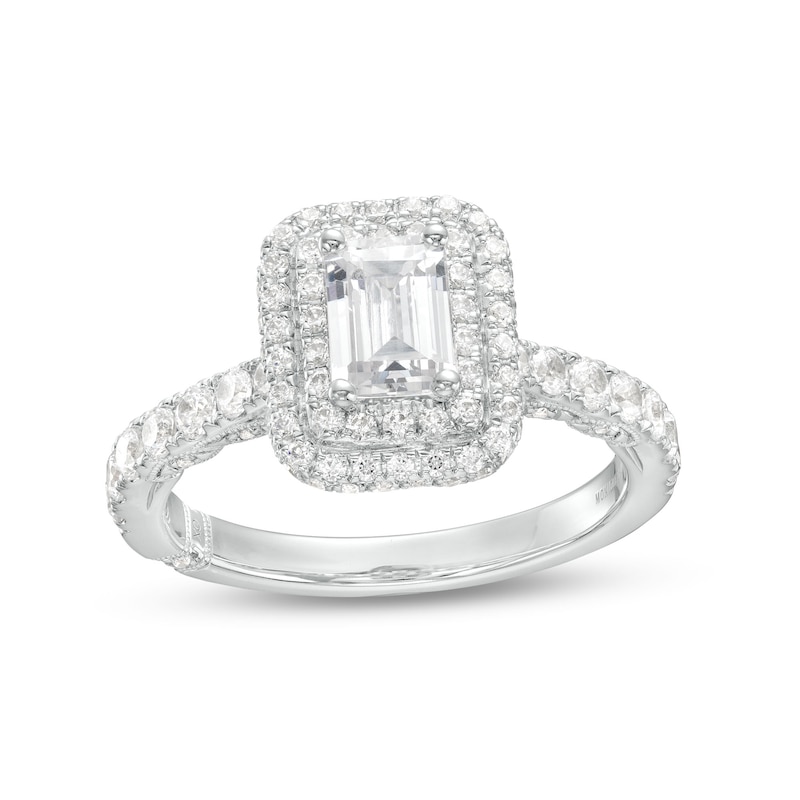 Main Image 1 of Monique Lhuillier Bliss 1.29 CT. T.W. Emerald-Cut Diamond Double Frame Engagement Ring in 18K White Gold