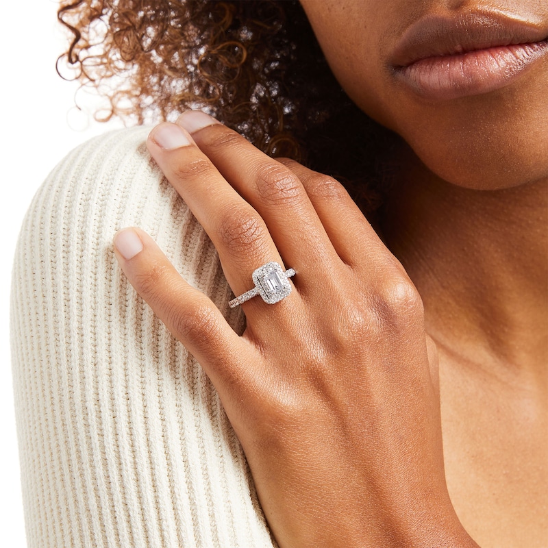Main Image 2 of Monique Lhuillier Bliss 1.29 CT. T.W. Emerald-Cut Diamond Double Frame Engagement Ring in 18K White Gold