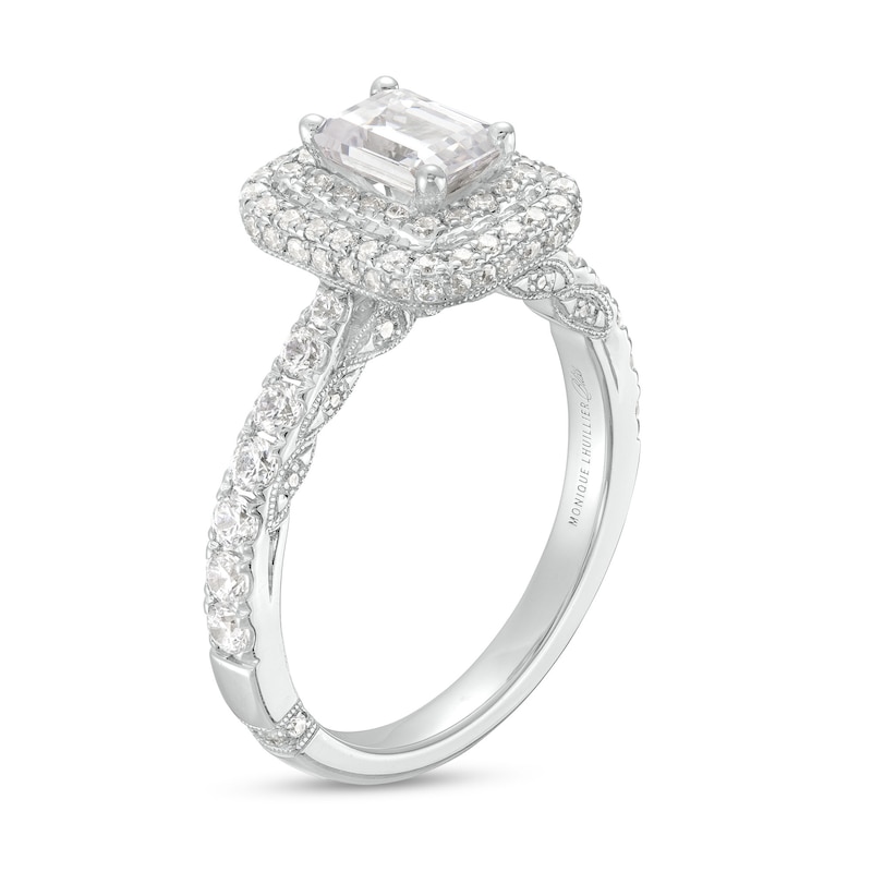 Main Image 3 of Monique Lhuillier Bliss 1.29 CT. T.W. Emerald-Cut Diamond Double Frame Engagement Ring in 18K White Gold