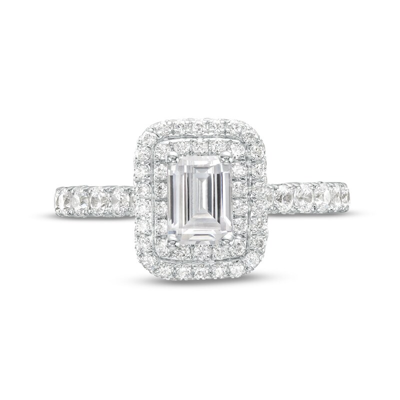 Main Image 4 of Monique Lhuillier Bliss 1.29 CT. T.W. Emerald-Cut Diamond Double Frame Engagement Ring in 18K White Gold