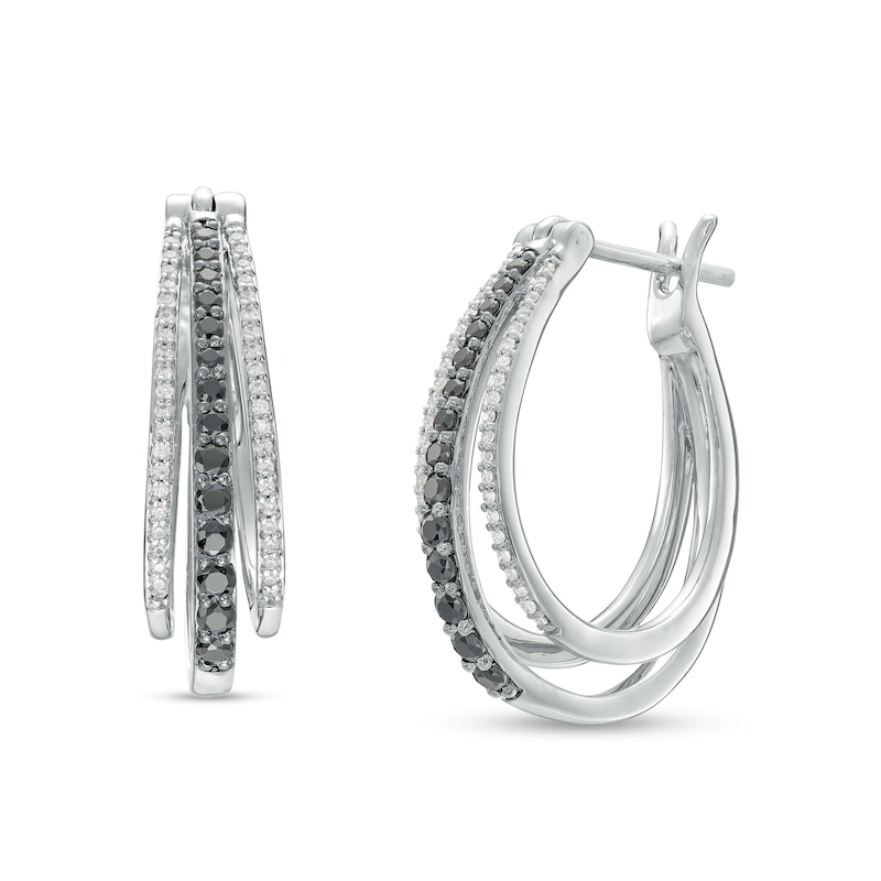 Main Image 1 of 0.50 CT. T.W. Black and White Diamond Triple Row Hoop Earrings in Sterling Silver