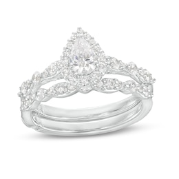 Monique Lhuillier Bliss 1.18 CT. T.W. Pear-Shaped Diamond Frame Vintage-Style Bridal Set in 18K White Gold