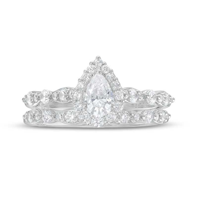 Main Image 4 of Monique Lhuillier Bliss 1.18 CT. T.W. Pear-Shaped Diamond Frame Vintage-Style Bridal Set in 18K White Gold