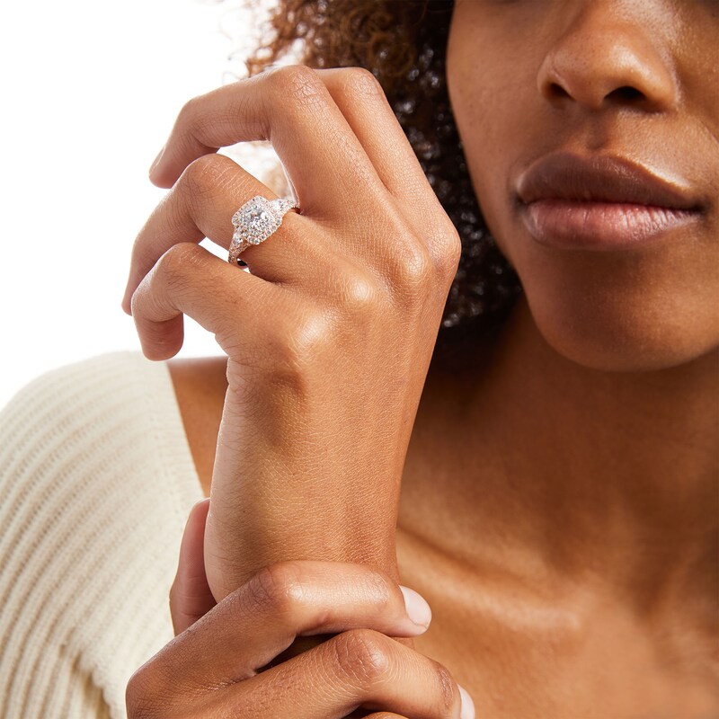 Main Image 2 of Monique Lhuillier Bliss 1.29 CT. T.W. Diamond Cushion-Shaped Double Frame Engagement Ring in 18K Rose Gold