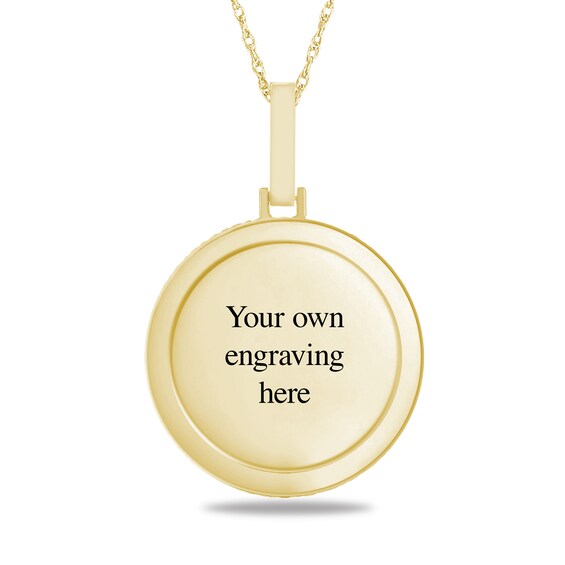 0.9 CT. T.W. Diamond Frame Engravable Photo Circle Pendant in 10K White or Yellow Gold (1 Image and 3 Lines)