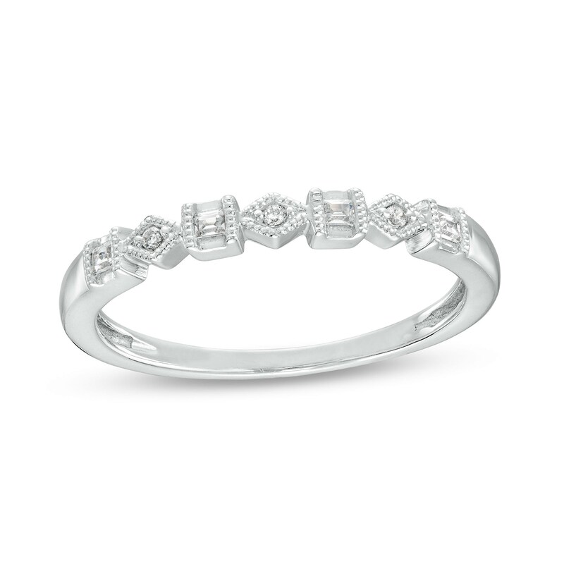 0.05 CT. T.W. Baguette and Round Diamond Alternating Vintage-Style Anniversary Band in 10K White Gold|Peoples Jewellers