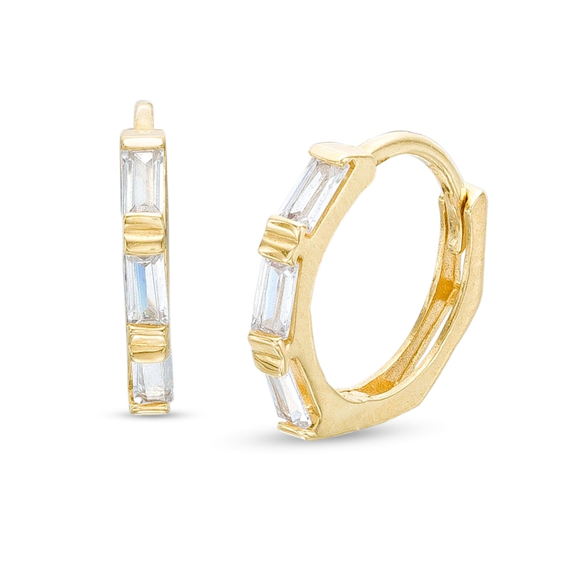 Baguette Cubic Zirconia Three Stone Hoop Earrings in 14K Gold|Peoples Jewellers