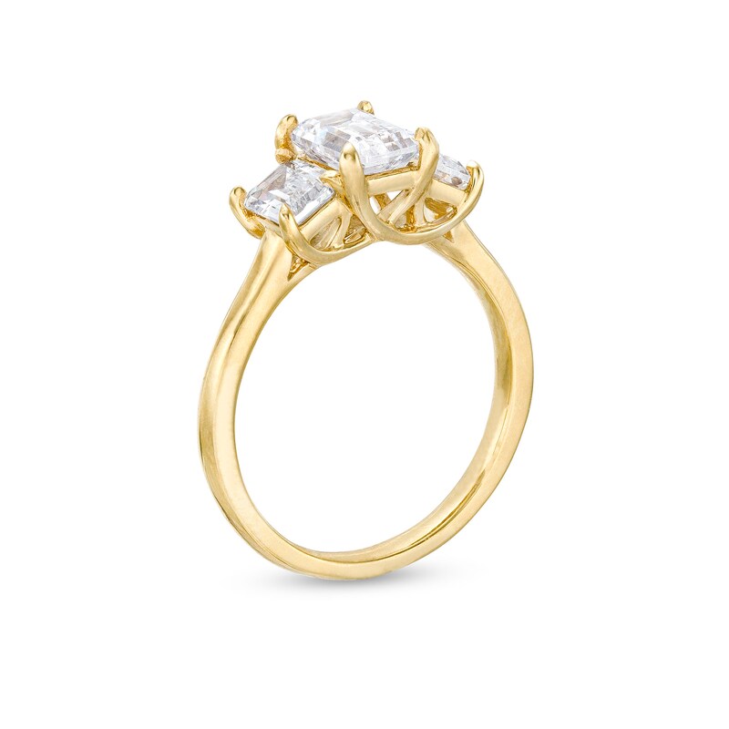 Main Image 3 of 2.00 CT. T.W. Certified Emerald-Cut Lab-Grown Diamond Three Stone Engagement Ring in 14K Gold (F/SI2)