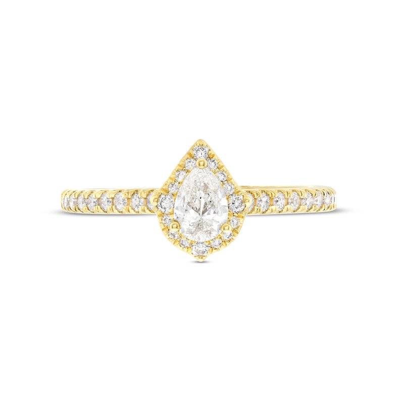 Celebration Infinite™ Canadian Certified Pear-Shaped Centre Diamond 0.69 CT. T.W. Frame Engagement Ring in 14K Gold|Peoples Jewellers