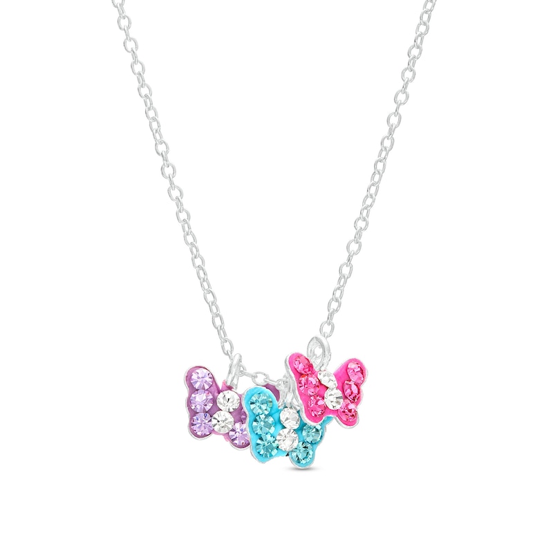 Child's Pink, Blue and Purple Crystal and Enamel Butterfly Trio Pendant in Sterling Silver – 15"