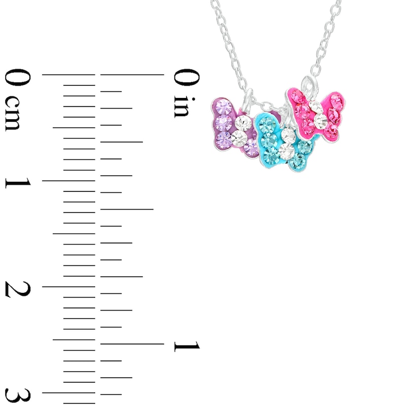Child's Pink, Blue and Purple Crystal and Enamel Butterfly Trio Pendant in Sterling Silver – 15"