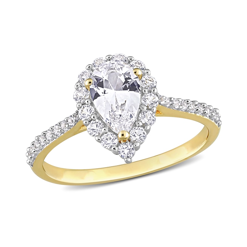 Main Image 1 of Pear-Shaped and Round White Lab-Created Sapphire Frame Ring in Sterling Silver with Yellow Rhodium
