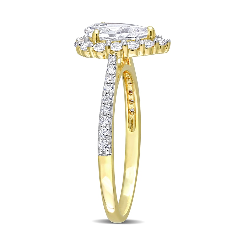 Main Image 3 of Pear-Shaped and Round White Lab-Created Sapphire Frame Ring in Sterling Silver with Yellow Rhodium