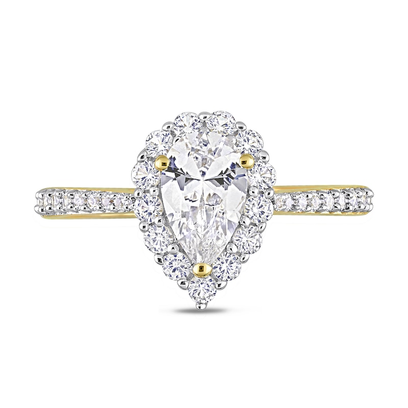Main Image 4 of Pear-Shaped and Round White Lab-Created Sapphire Frame Ring in Sterling Silver with Yellow Rhodium