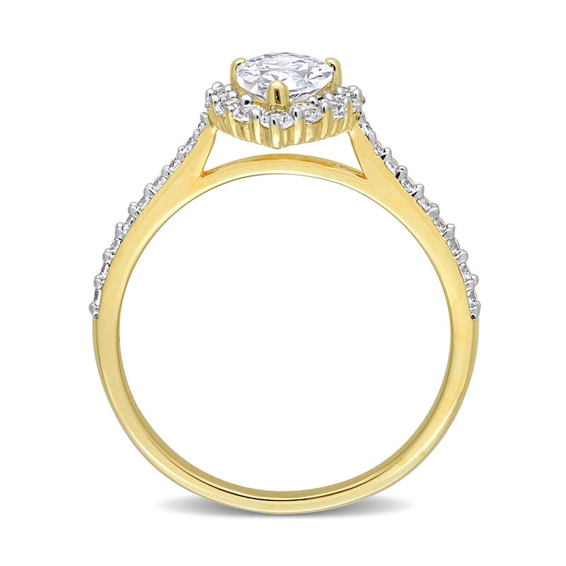 Pear-Shaped and Round White Lab-Created Sapphire Frame Ring in Sterling Silver with Yellow Rhodium