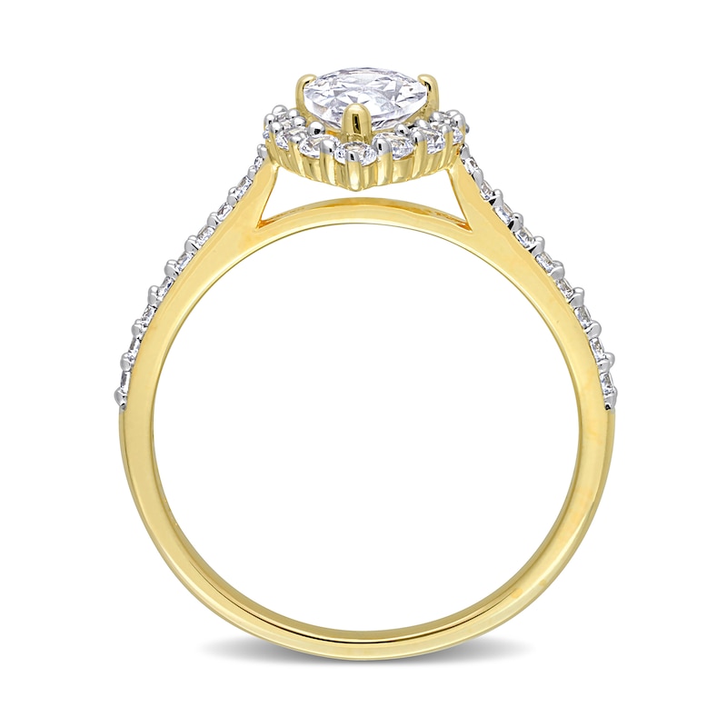 Main Image 5 of Pear-Shaped and Round White Lab-Created Sapphire Frame Ring in Sterling Silver with Yellow Rhodium