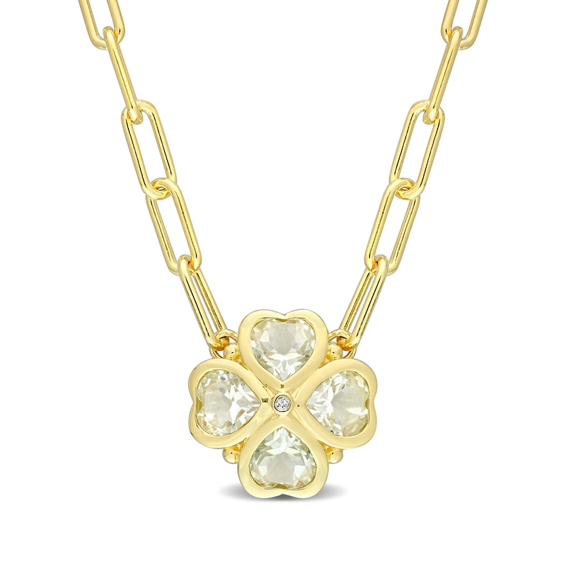 6.0mm Heart-Shaped Green Quartz and Diamond Accent Clover Necklace in Sterling Silver with Yellow Rhodium