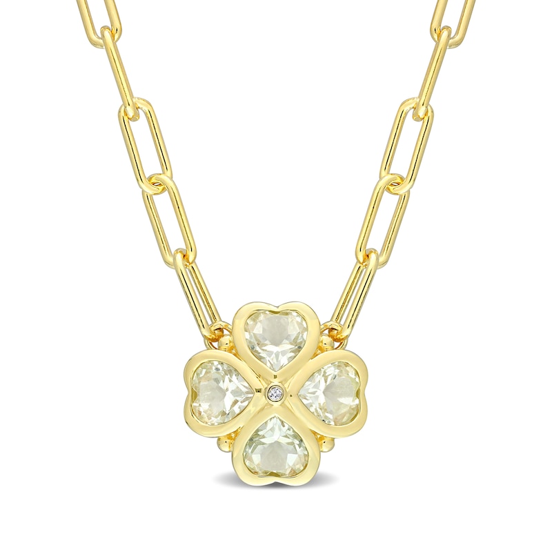 6.0mm Heart-Shaped Green Quartz and Diamond Accent Clover Necklace in Sterling Silver with Yellow Rhodium