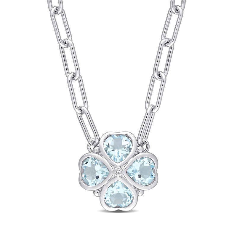Main Image 1 of 6.0mm Heart-Shaped Sky Blue Topaz and Diamond Accent Clover Necklace in Sterling Silver
