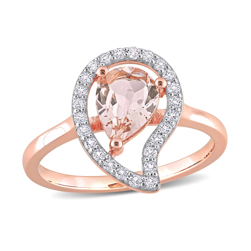 Main Image 1 of Pear-Shaped Morganite and White Topaz Frame Ring in Sterling Silver with Rose Rhodium