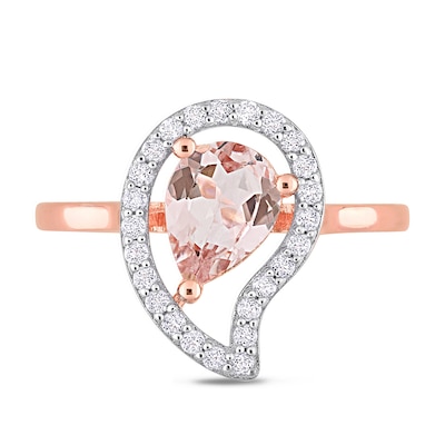 Pear-Shaped Morganite and White Topaz Frame Ring in Sterling Silver with Rose Rhodium