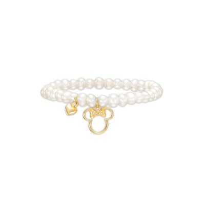 Child's 3.5mm Freshwater Cultured Pearl Minnie Mouse Stretch Bracelet in 10K Gold