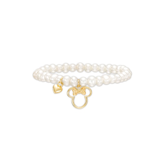 Child's 3.5mm Freshwater Cultured Pearl Minnie Mouse Stretch Bracelet in 10K Gold