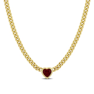 8.0mm Heart-Shaped Lab-Created Ruby Solitaire Curb Chain Necklace in Sterling Silver with Yellow Rhodium