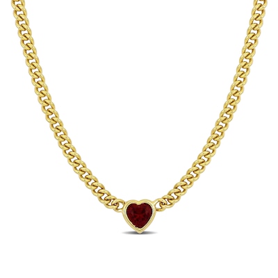 8.0mm Heart-Shaped Lab-Created Ruby Solitaire Curb Chain Necklace in Sterling Silver with Yellow Rhodium
