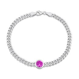 7.0mm Pink Lab-Created Sapphire Solitaire Curb Chain Bracelet in Sterling Silver - 7.5&quot;
