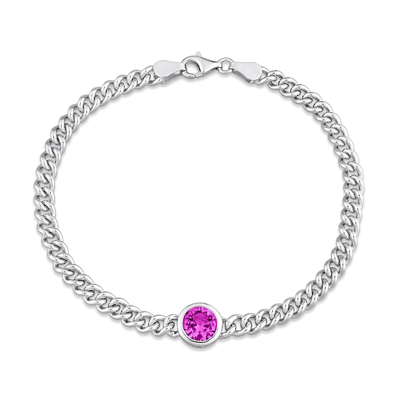 7.0mm Pink Lab-Created Sapphire Solitaire Curb Chain Bracelet in Sterling Silver - 7.5"