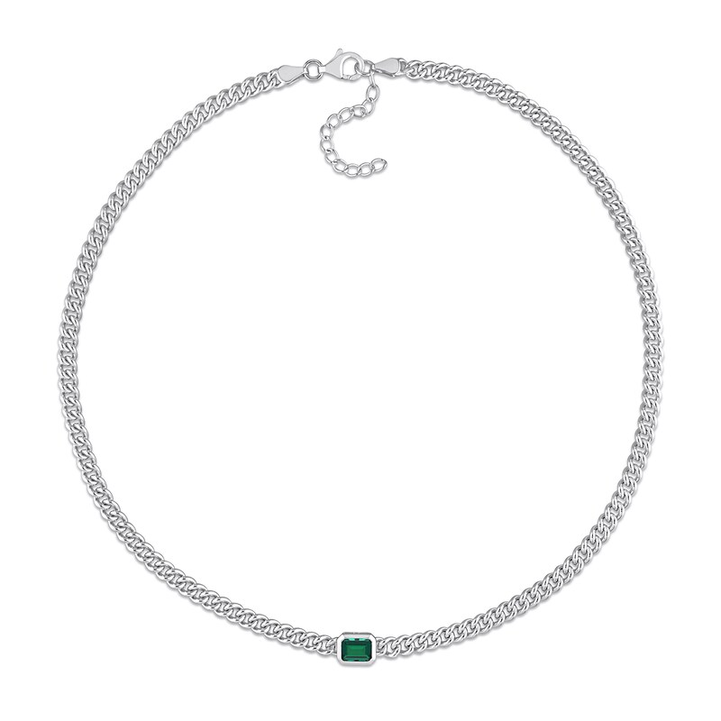 Main Image 3 of Octagonal Lab-Created Emerald Solitaire Curb Chain Necklace in Sterling Silver