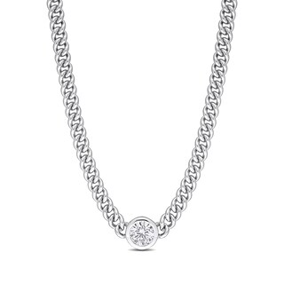 7.0mm White Lab-Created Sapphire Solitaire Curb Chain Necklace in Sterling Silver - 17.5"