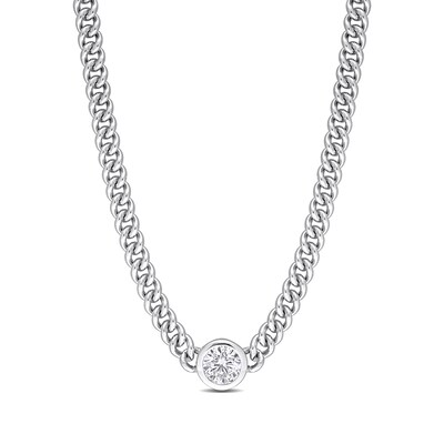 7.0mm White Lab-Created Sapphire Solitaire Curb Chain Necklace in Sterling Silver - 17.5"
