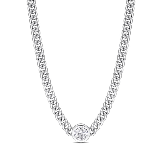 7.0mm White Lab-Created Sapphire Solitaire Curb Chain Necklace in Sterling Silver - 17.5"