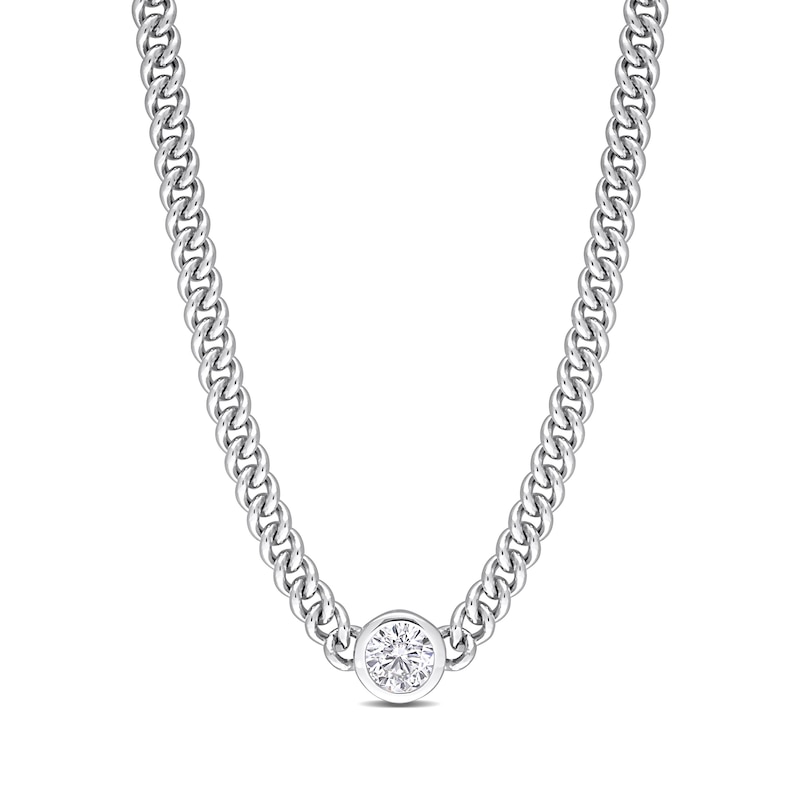 7.0mm White Lab-Created Sapphire Solitaire Curb Chain Necklace in Sterling Silver - 17.5"|Peoples Jewellers