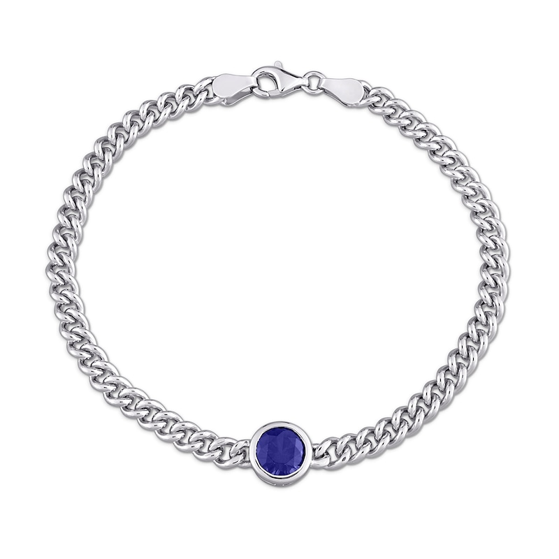 Main Image 1 of 7.0mm Blue Lab-Created Sapphire Solitaire Curb Chain Bracelet in Sterling Silver - 7.5"