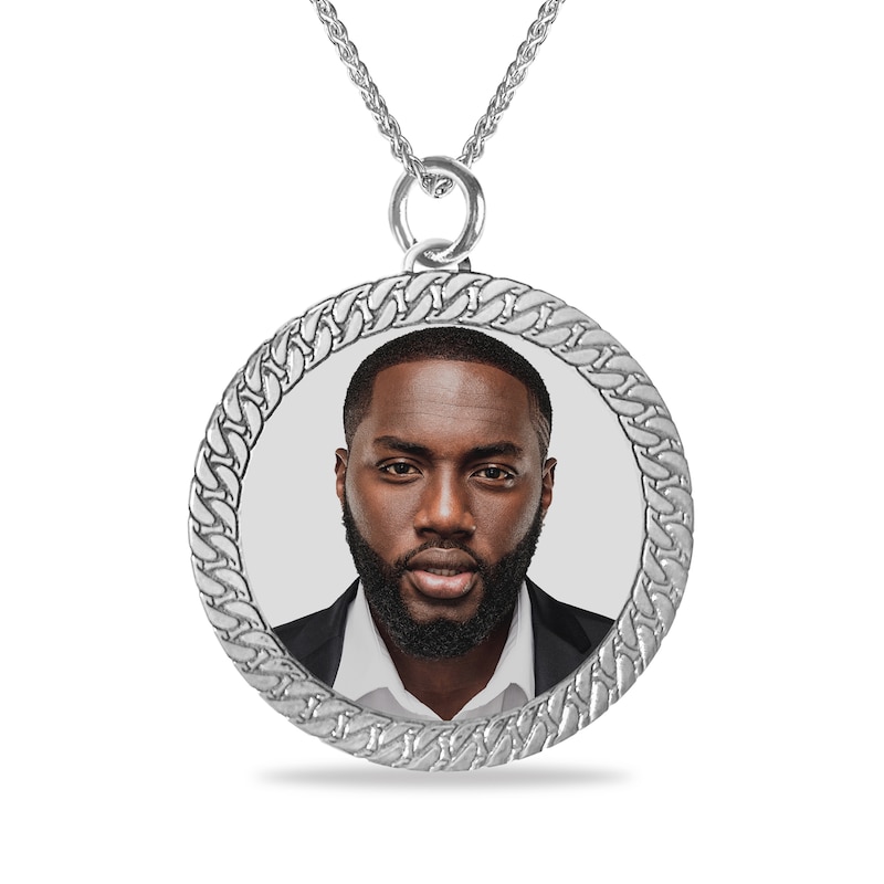 Main Image 1 of Engravable Photo Cuban Curb Chain Frame Circle Pendant in Sterling Silver (1 Image and 4 Lines) - 22"