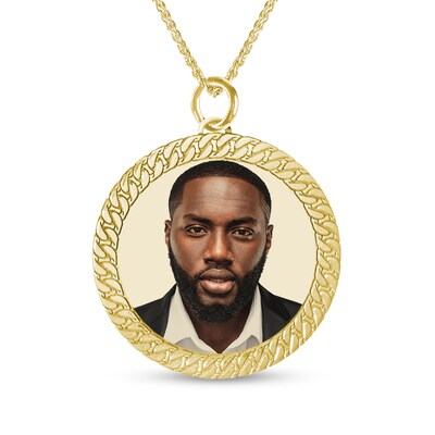 Engravable Photo Cuban Chain Frame Circle Pendant in 10K White or Yellow Gold (1 Image and 4 Lines) - 22"