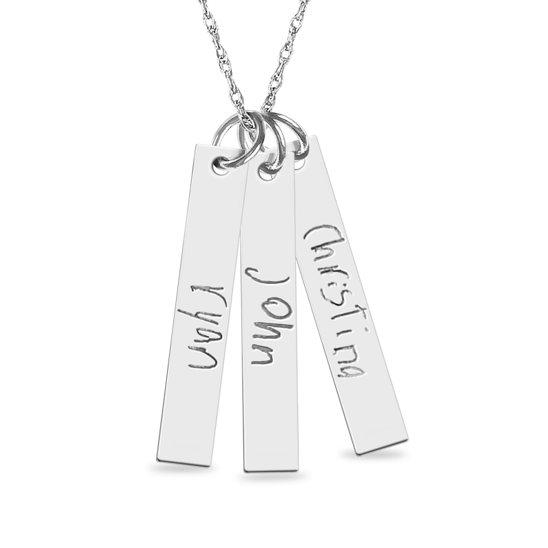 Main Image 1 of Engravable Your Own Handwriting Triple Vertical Bar Pendant in Sterling Silver (3 Images and 3 Lines)