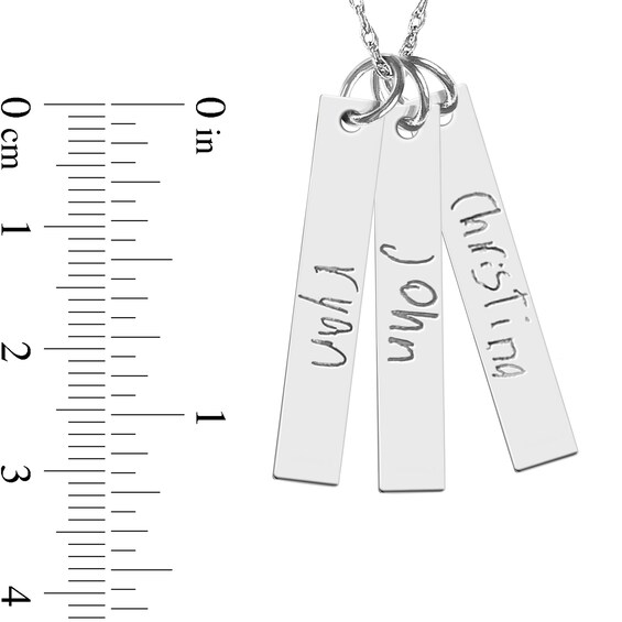 Engravable Your Own Handwriting Triple Vertical Bar Pendant in Sterling Silver (3 Images and 3 Lines)