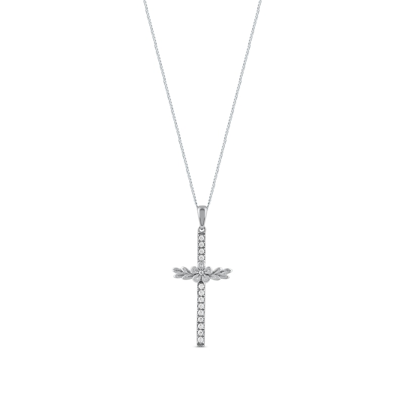 Main Image 1 of 0.10 CT. T.W. Diamond Flower and Leaves Cross Pendant in Sterling Silver