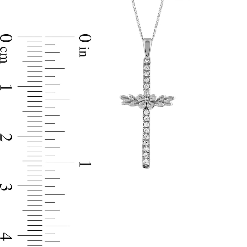 Main Image 4 of 0.10 CT. T.W. Diamond Flower and Leaves Cross Pendant in Sterling Silver