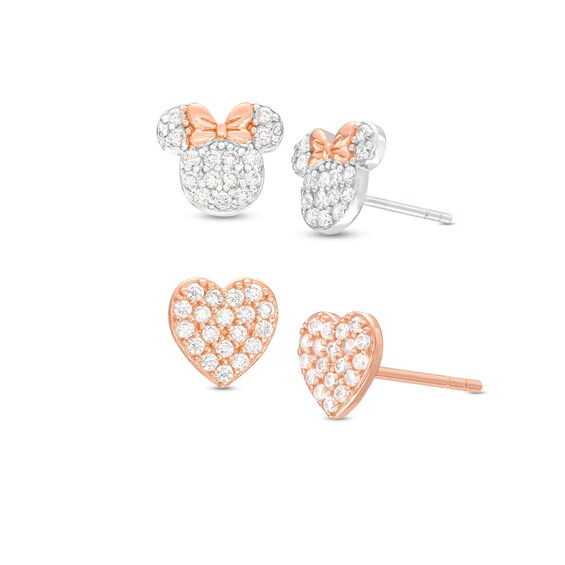 Child's Cubic Zirconia Minnie Mouse and Heart Cluster Stud Earrings Set in Sterling Silver and 18K Rose Gold Plate